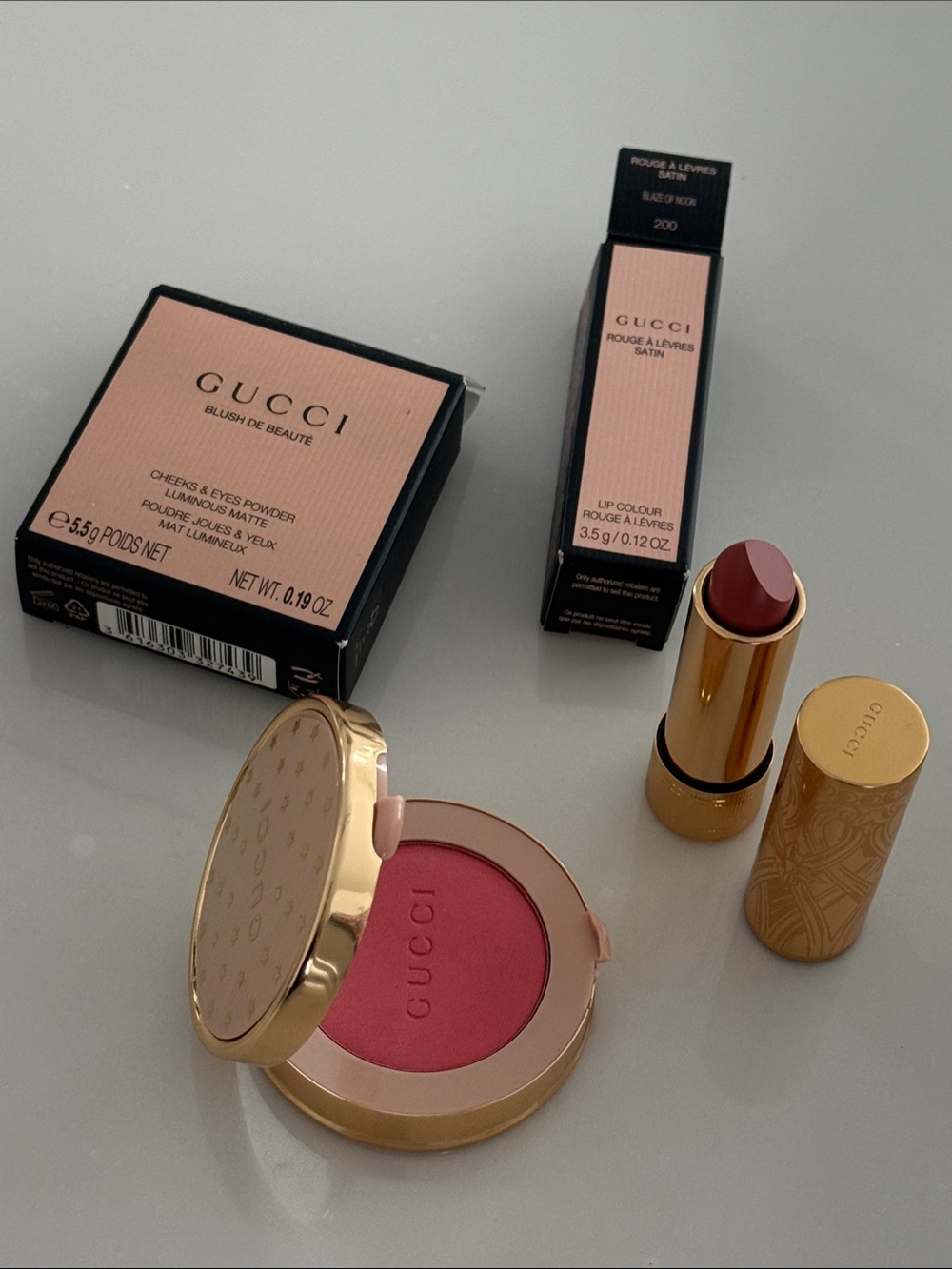 Gucci Matte Cheek Eyes Blush (Radiant Pink 03) & Satin Lipstick (Blaze Noon 200)